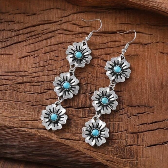 Silver Turquoise Floral Drop Dangle Western Earrings - Picture 2 of 4